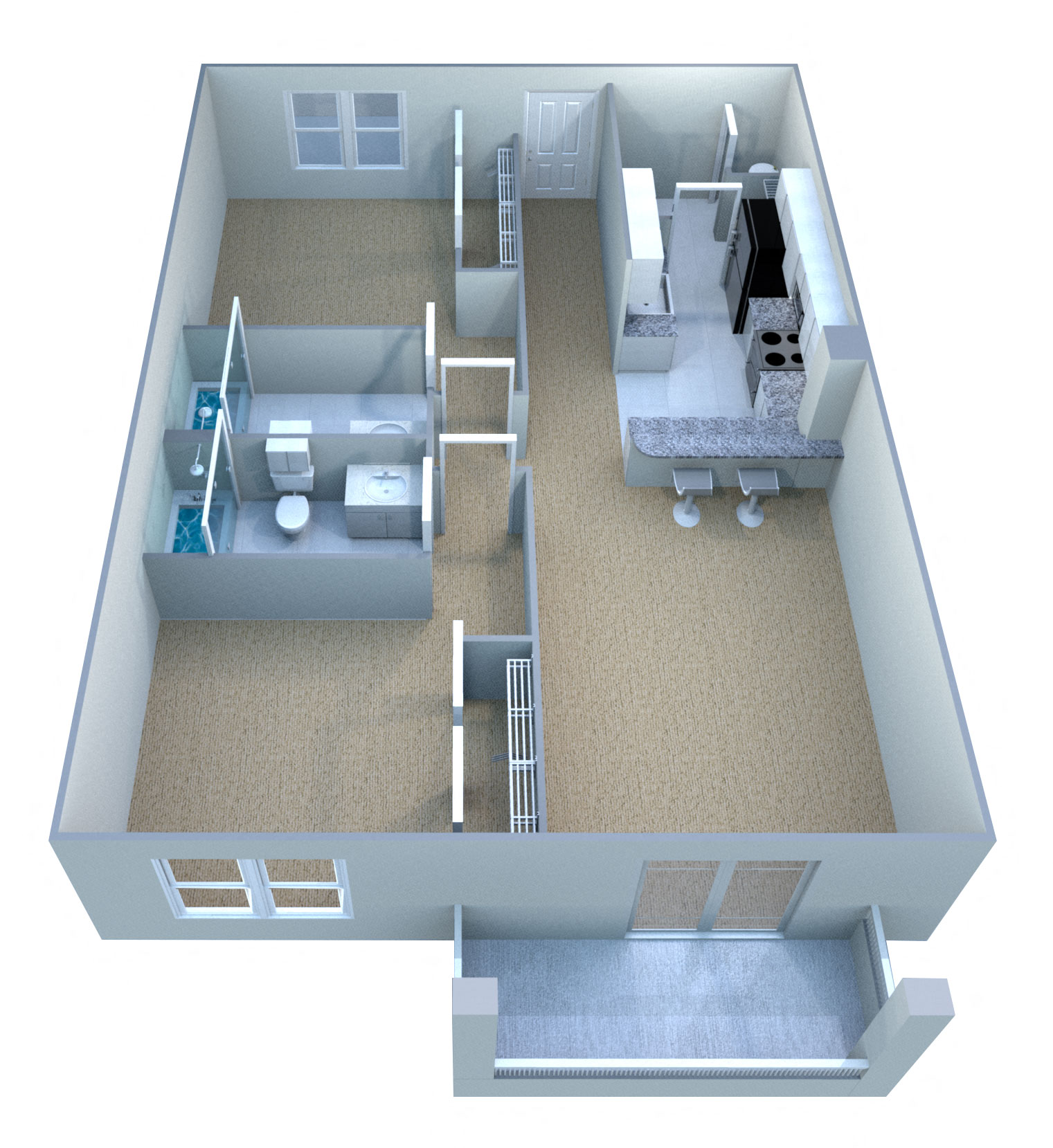 Floor plan for 2 beds, 2 baths, 1000 sqft